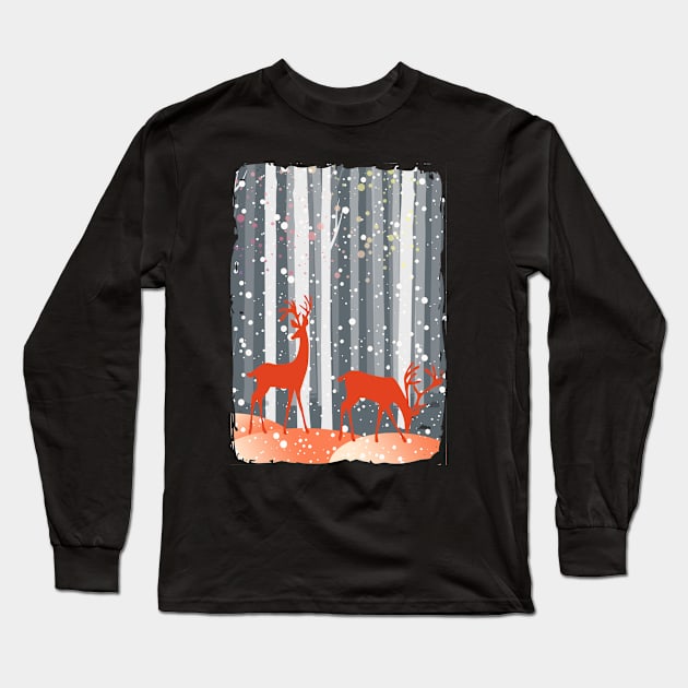 Enchanted forest, winter forest, forest with red deer Long Sleeve T-Shirt by Collagedream